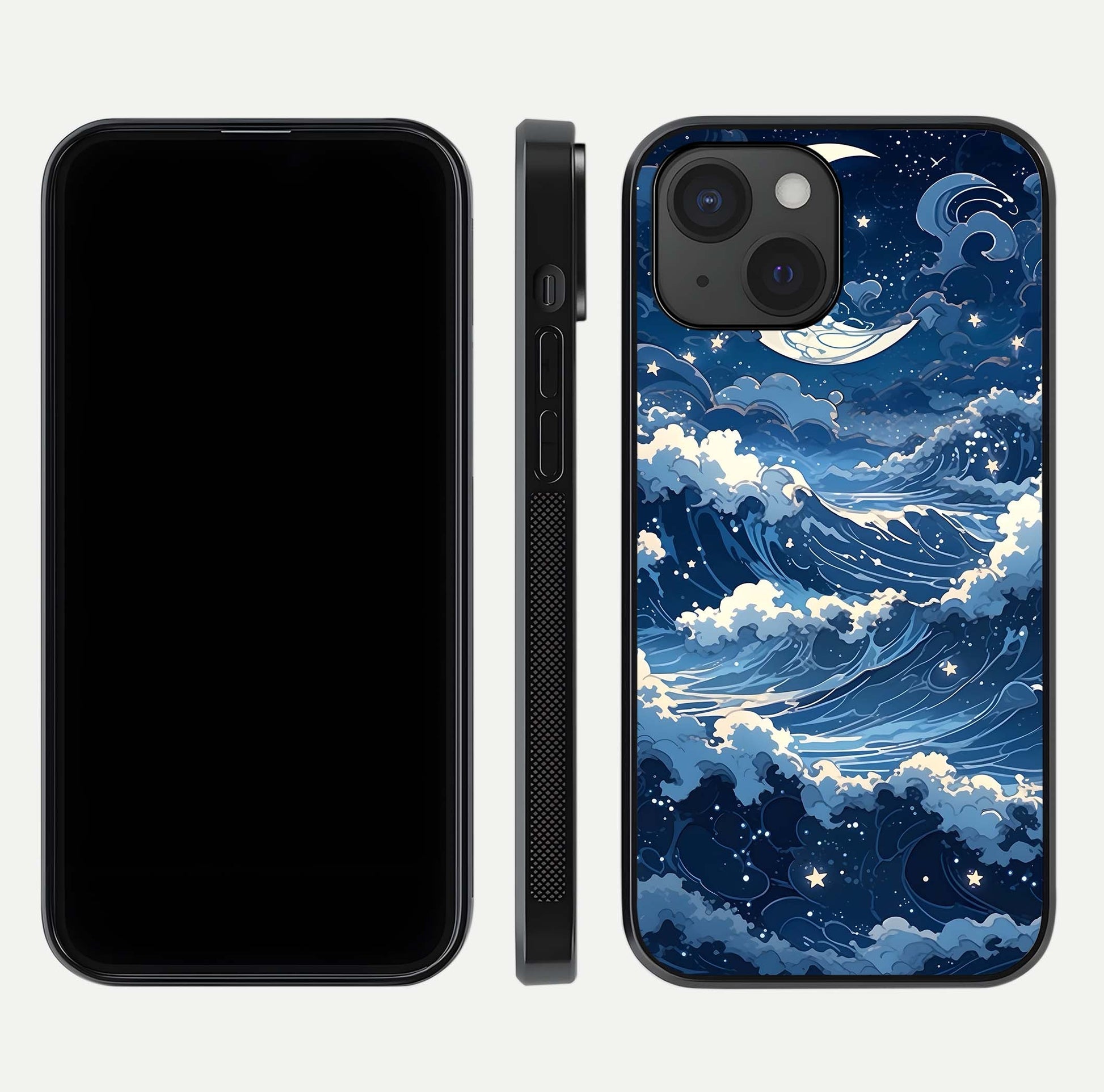Ocean Moon Waves Glass Case for iPhone 15 front & back layout highlighting water flow and smooth edges