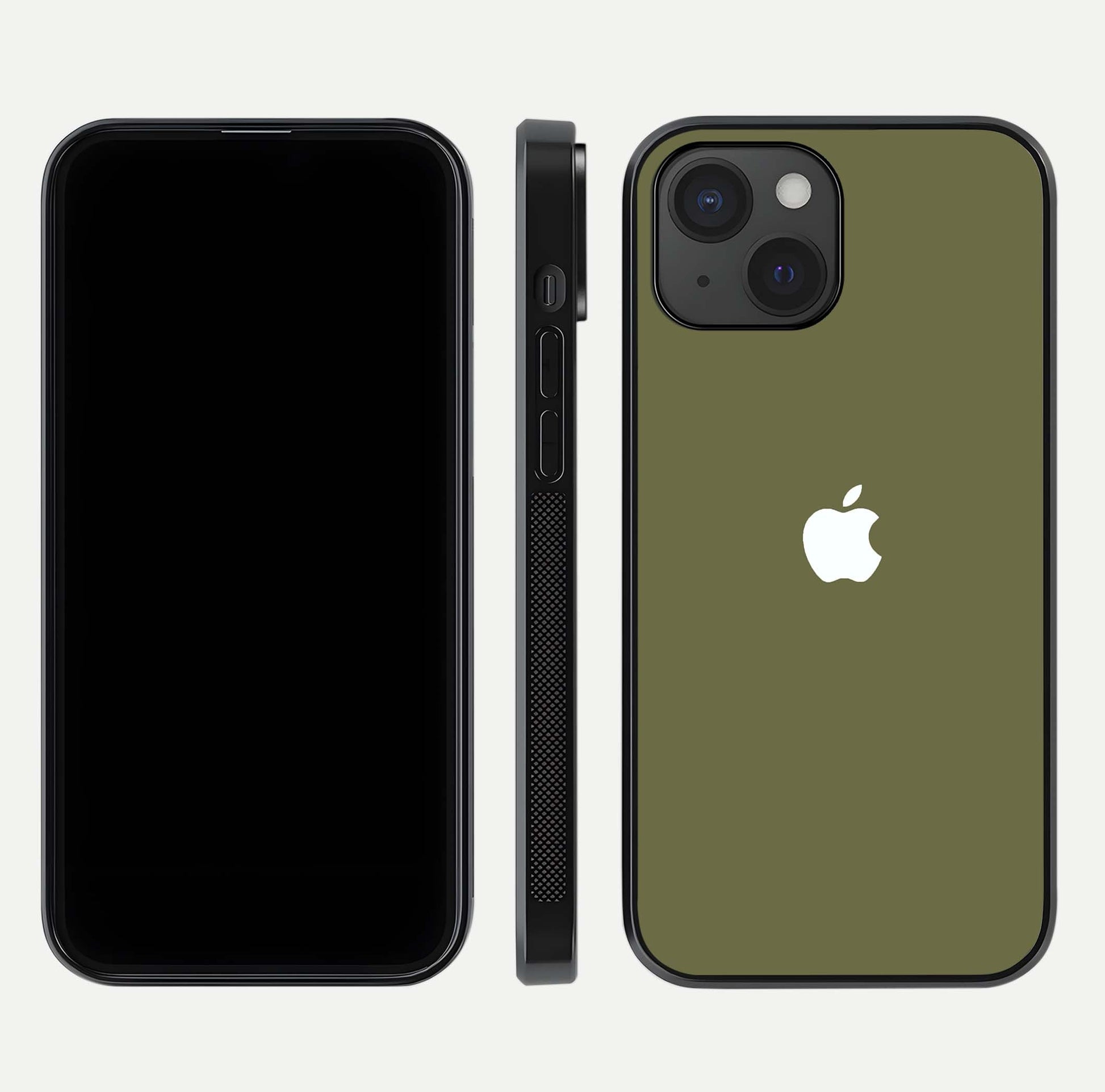 Olive Matte Essence Glass Case for iPhone 15 front & back layout highlighting simple design and clean edges