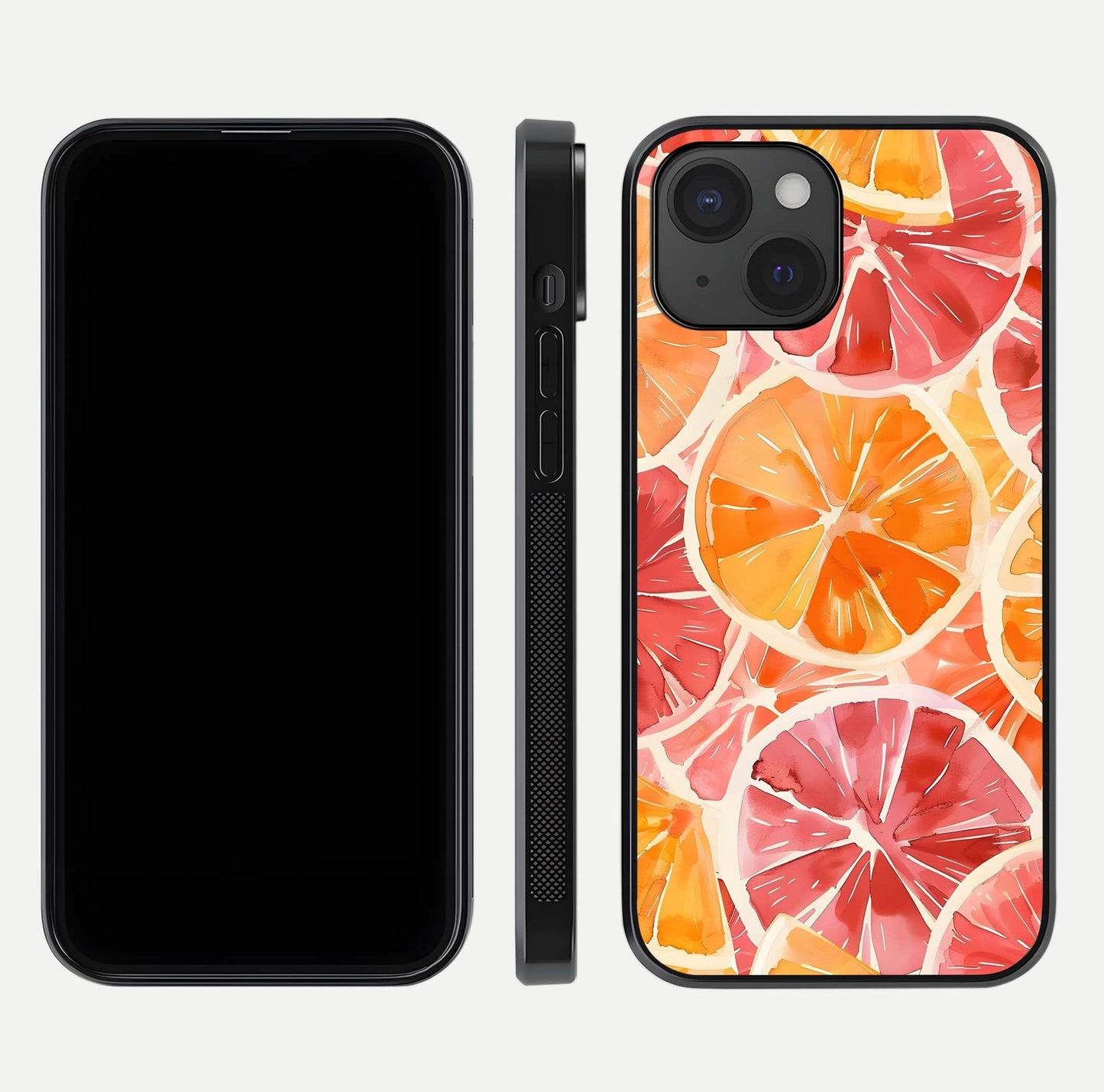 Orange Fruits Pattern Glass Case for iPhone 15 front & back layout highlighting bright colors and clean edges