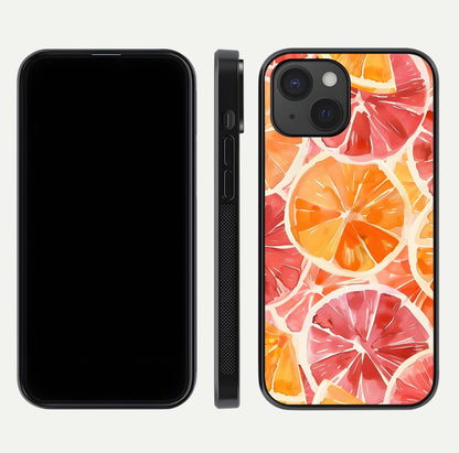 Orange Fruits Pattern Glass Case for iPhone 15 front & back layout highlighting bright colors and clean edges