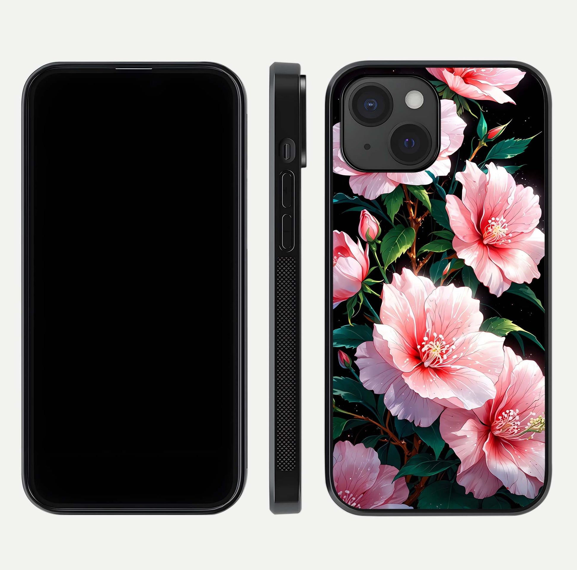 Peach Flower Glass Case for iPhone 15 front & back layout showing elegant floral tones and smooth edges