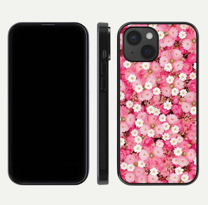 Pink Daisy Bliss Glass Case for iPhone 15 front & back layout showing HD floral tones and edge finish