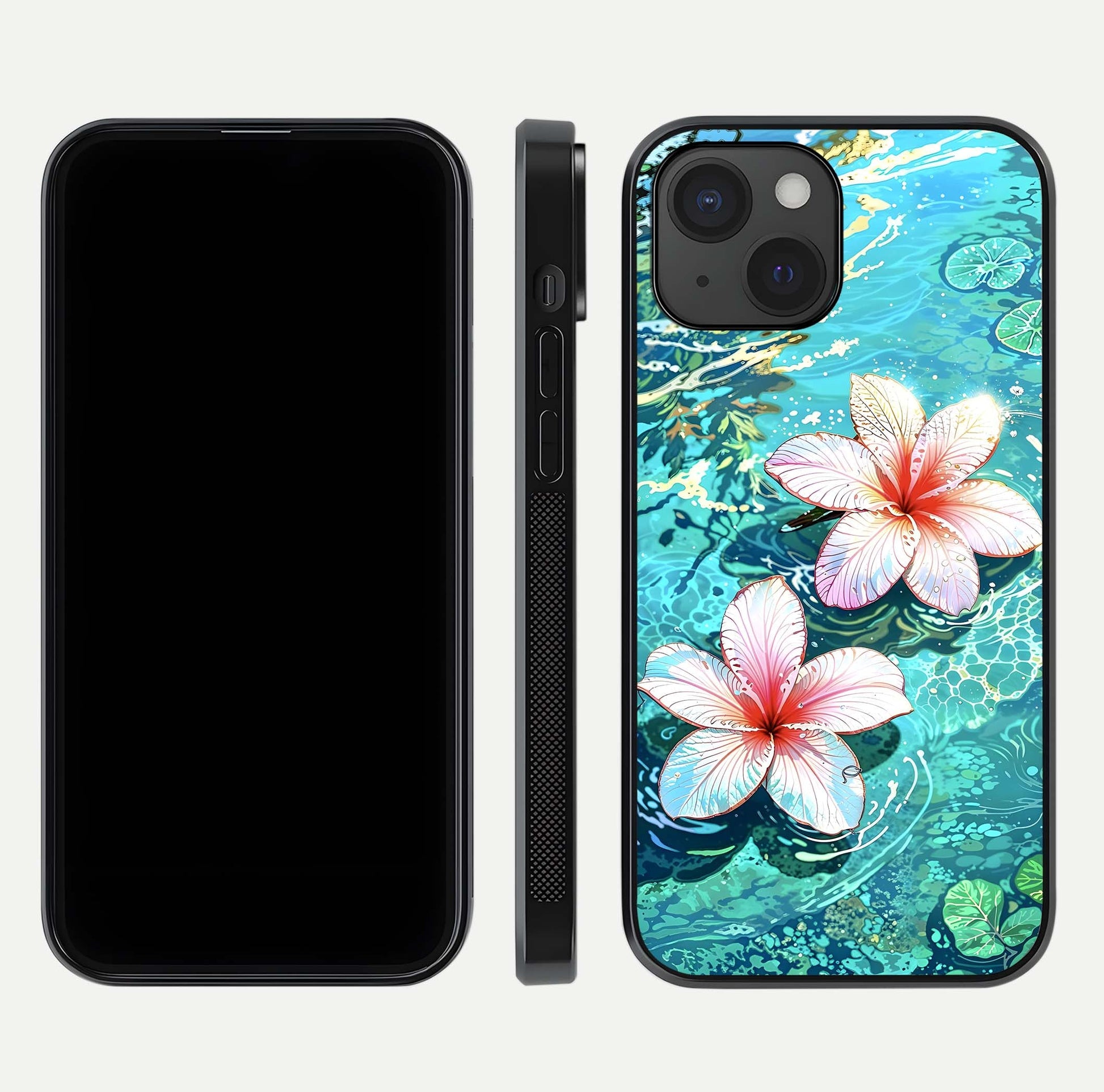 Pink Flowers in Water Glass Case for iPhone 15 front & back layout showing elegant pastel floral tones