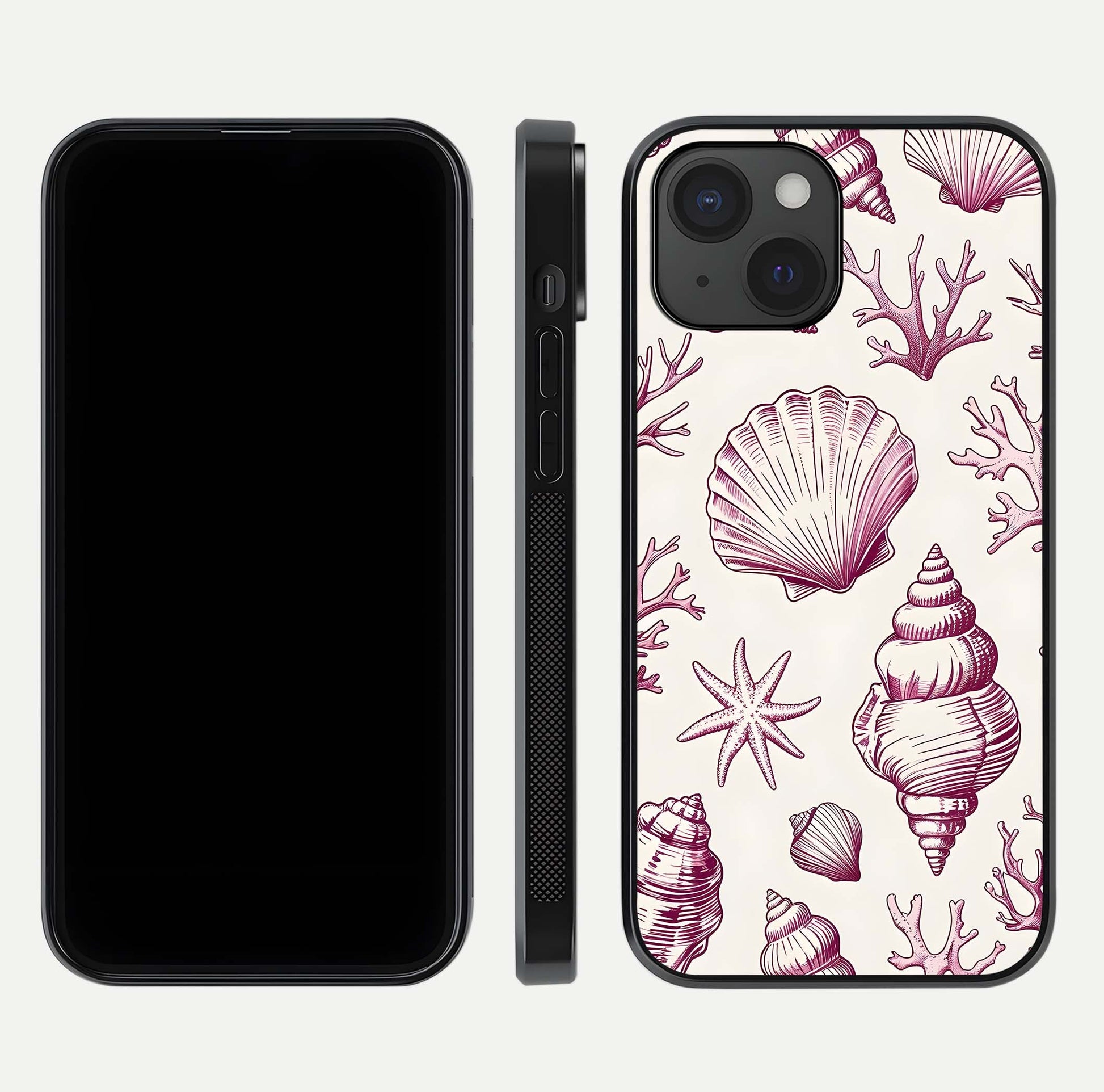 Pink Shells Outline Glass Case for iPhone 15 front & back layout showing soft pastel tones and edge design