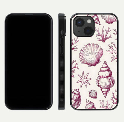 Pink Shells Outline Glass Case for iPhone 15 front & back layout showing soft pastel tones and edge design