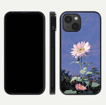 Pink Sunflower Glow Glass Case for iPhone 15 front & back layout showing HD tones and bright finish