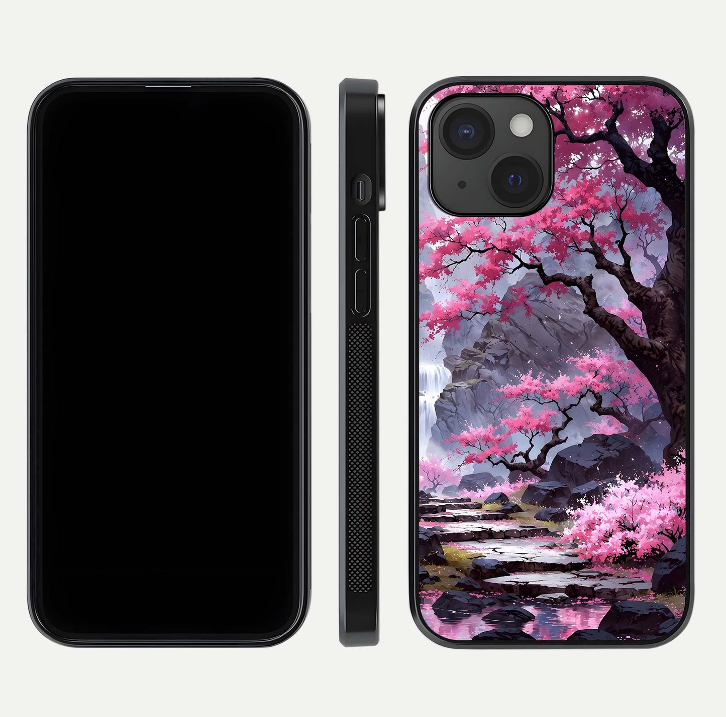Pinkish Scenery Glass Case for iPhone 15 front & back layout showing landscape art and curved edge finish