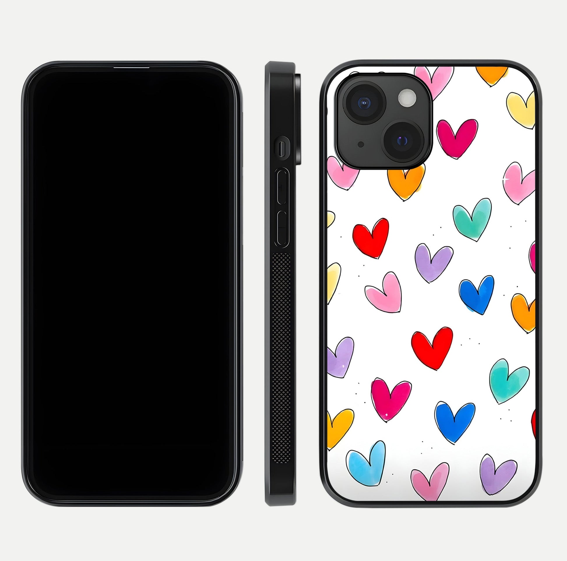 Playful Love Doodles iPhone 15  glass phone case front and side layout view showing slim build and full doodle coverage