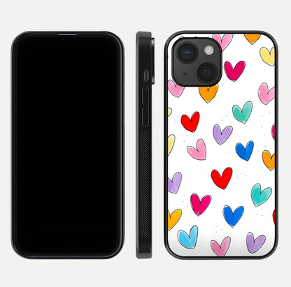 Playful Love Doodles iPhone 15  glass phone case front and side layout view showing slim build and full doodle coverage