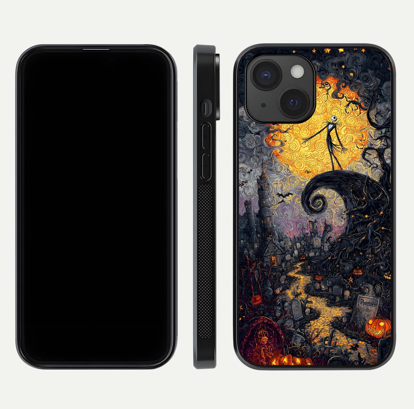 Pumpkin Moon Night Glass Case for iPhone 15 front & back layout highlighting festive tones and smooth edges