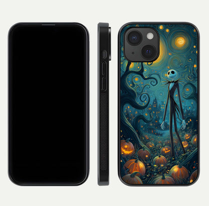 Pumpkin Moonlight Tale Glass Case for iPhone 15 front & back layout showing festive orange tone and edges