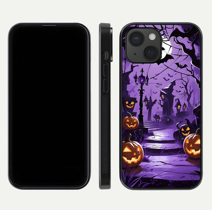 Pumpkin Patch Halloween Glass Case for iPhone 15 front & back layout showing festive Halloween print
