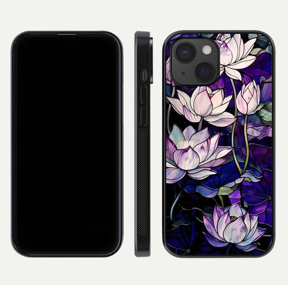 Purple Lotus Pattern Glass Case for iPhone 15 front & back layout highlighting floral tones and soft edges
