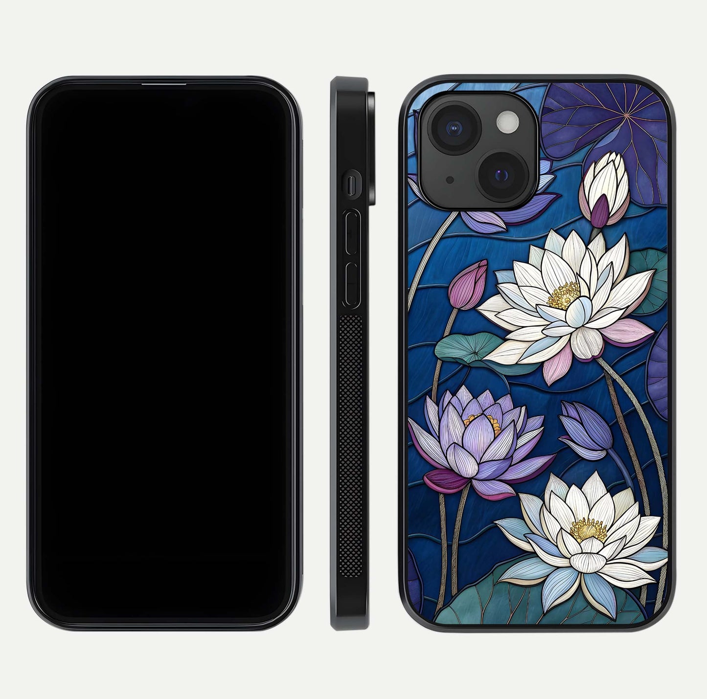 Purple Lotus Stained Glass Case for iPhone 15 front & back layout showing bright tones and smooth edge finish