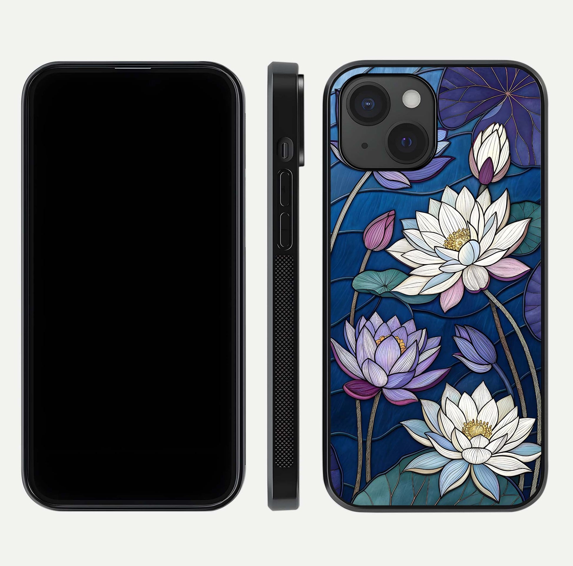 Purple Lotus Stained Glass Case for iPhone 15 front & back layout showing bright tones and smooth edge finish