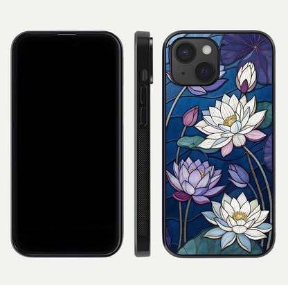 Purple Lotus Stained Glass Case for iPhone 15 front & back layout showing bright tones and smooth edge finish