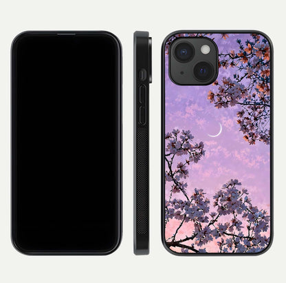Purple Serenity Moon Glass Case for iPhone 15 front & back layout highlighting celestial tones and curves