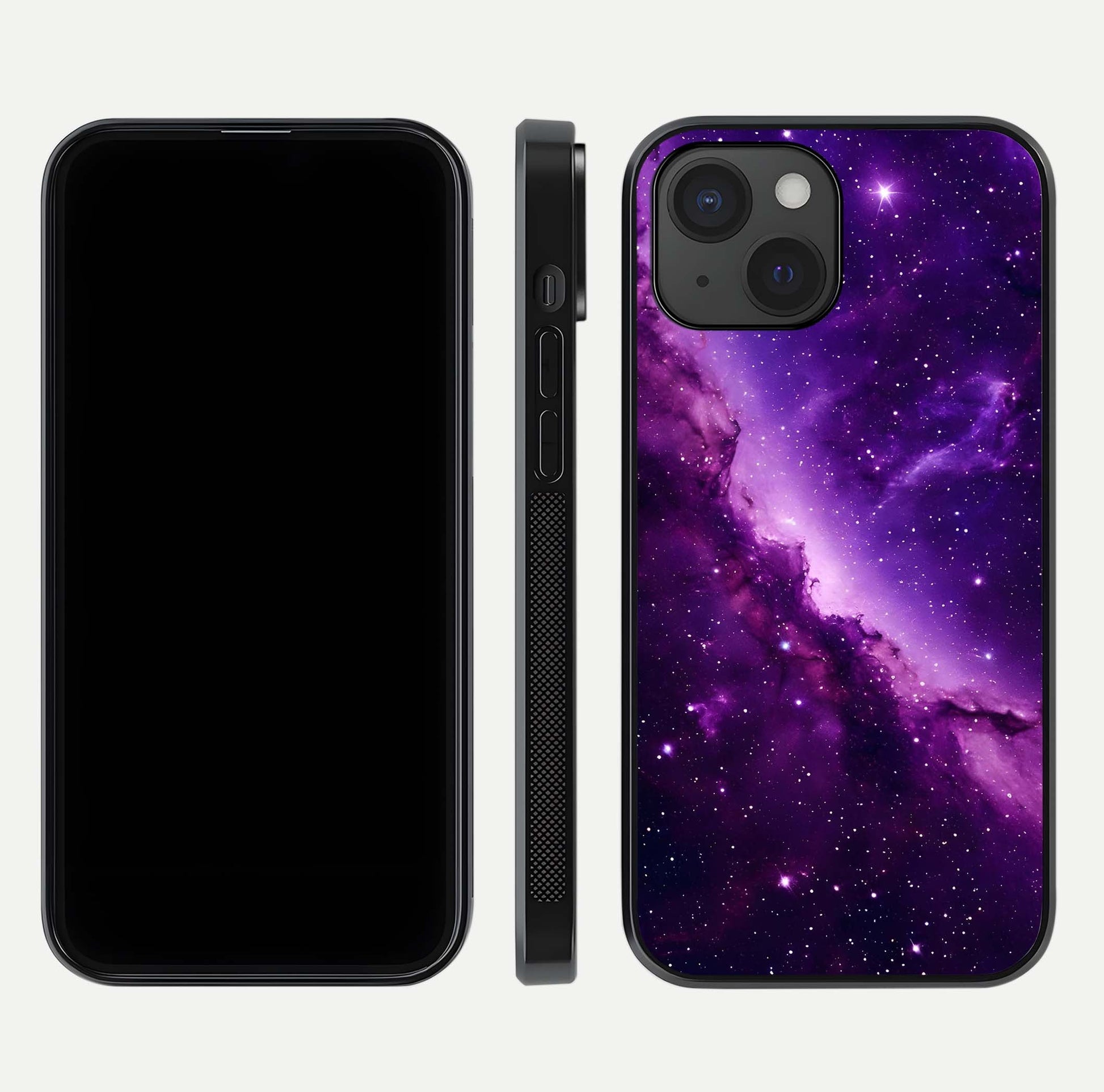 Purple Shade Sky Glass Case for iPhone 15 front & back layout showing HD tones and clean glass edges