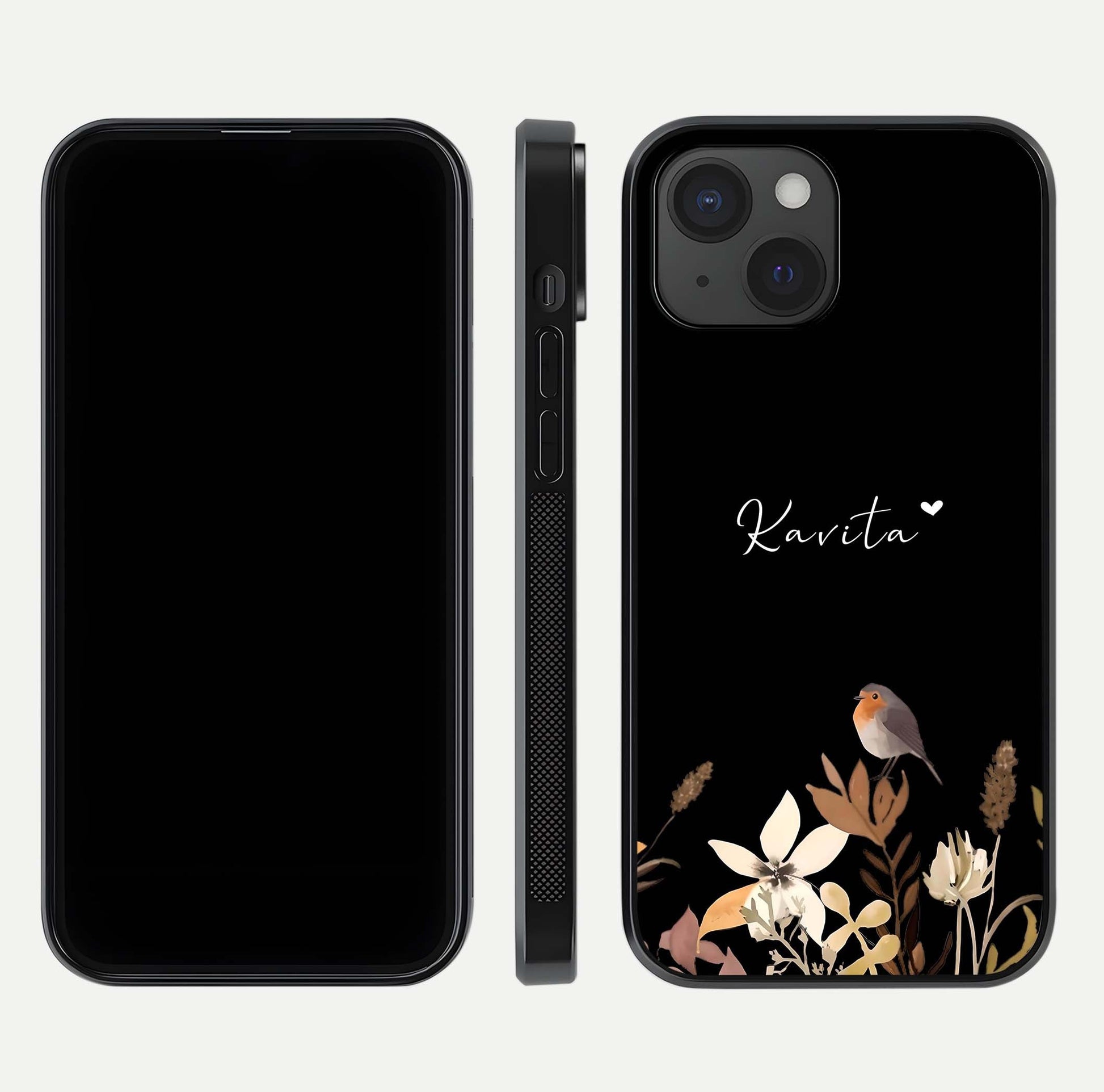 Quiet Garden Tune Custom Name Glass Case for iPhone 15 front & back layout highlighting name area and edges