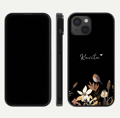 Quiet Garden Tune Custom Name Glass Case for iPhone 15 front & back layout highlighting name area and edges