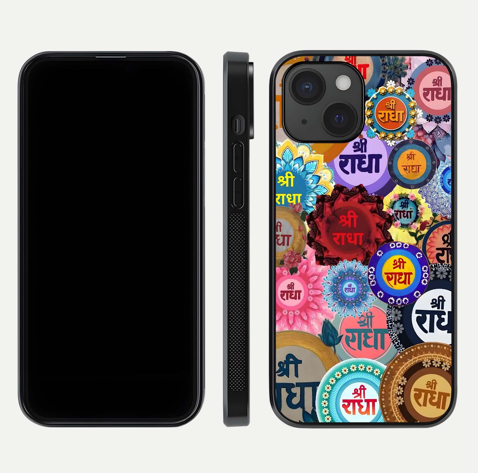 Radha Divine Bloom Glass Case for iPhone 15 front & back layout showing spiritual tones and elegant edges