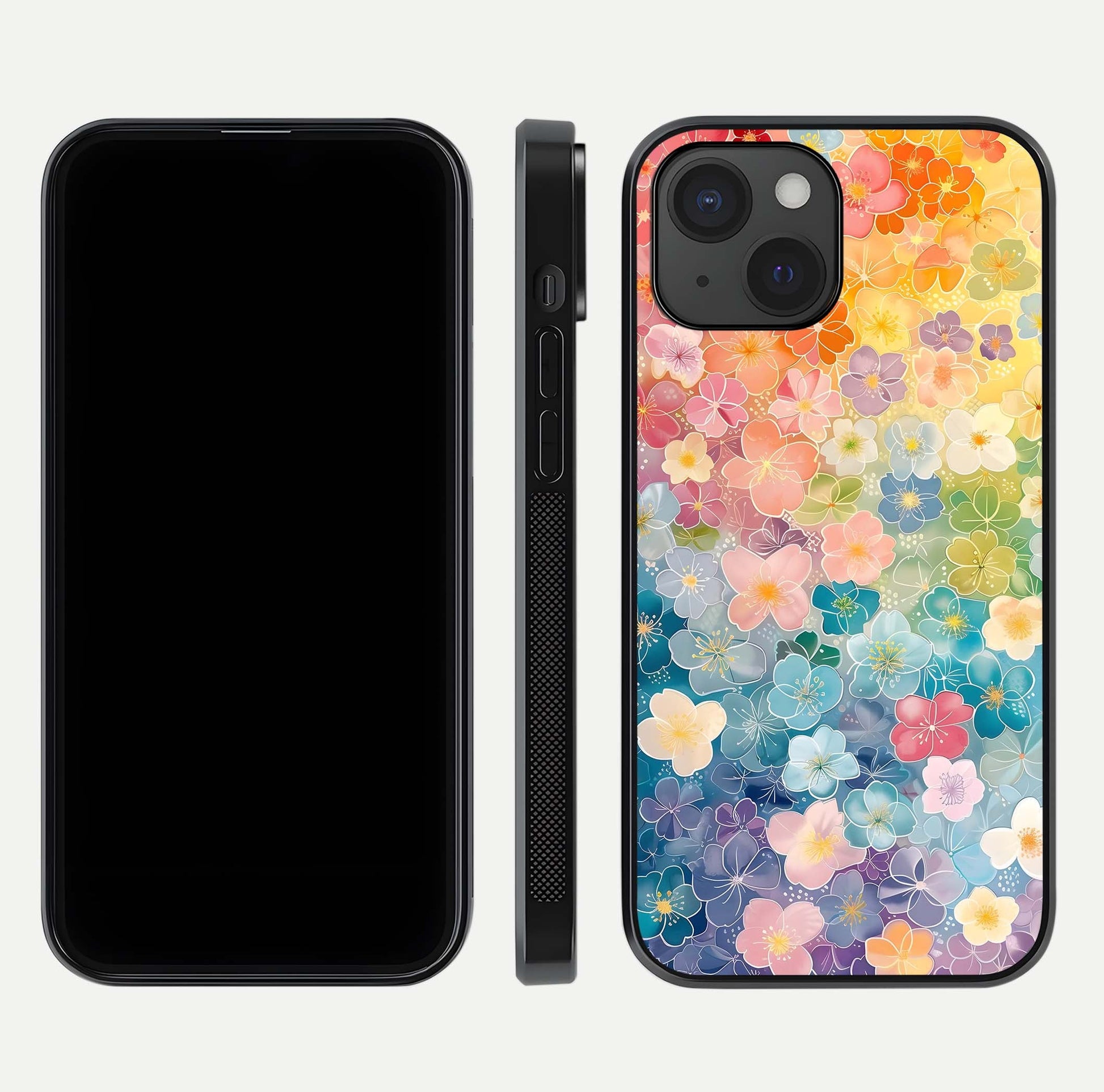 Rainbow Blossom Burst Glass Case for iPhone 15 front & back layout showing bright tones and edge finish