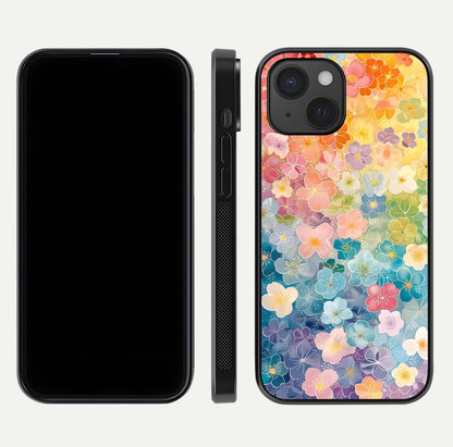 Rainbow Blossom Burst Glass Case for iPhone 15 front & back layout showing bright tones and edge finish