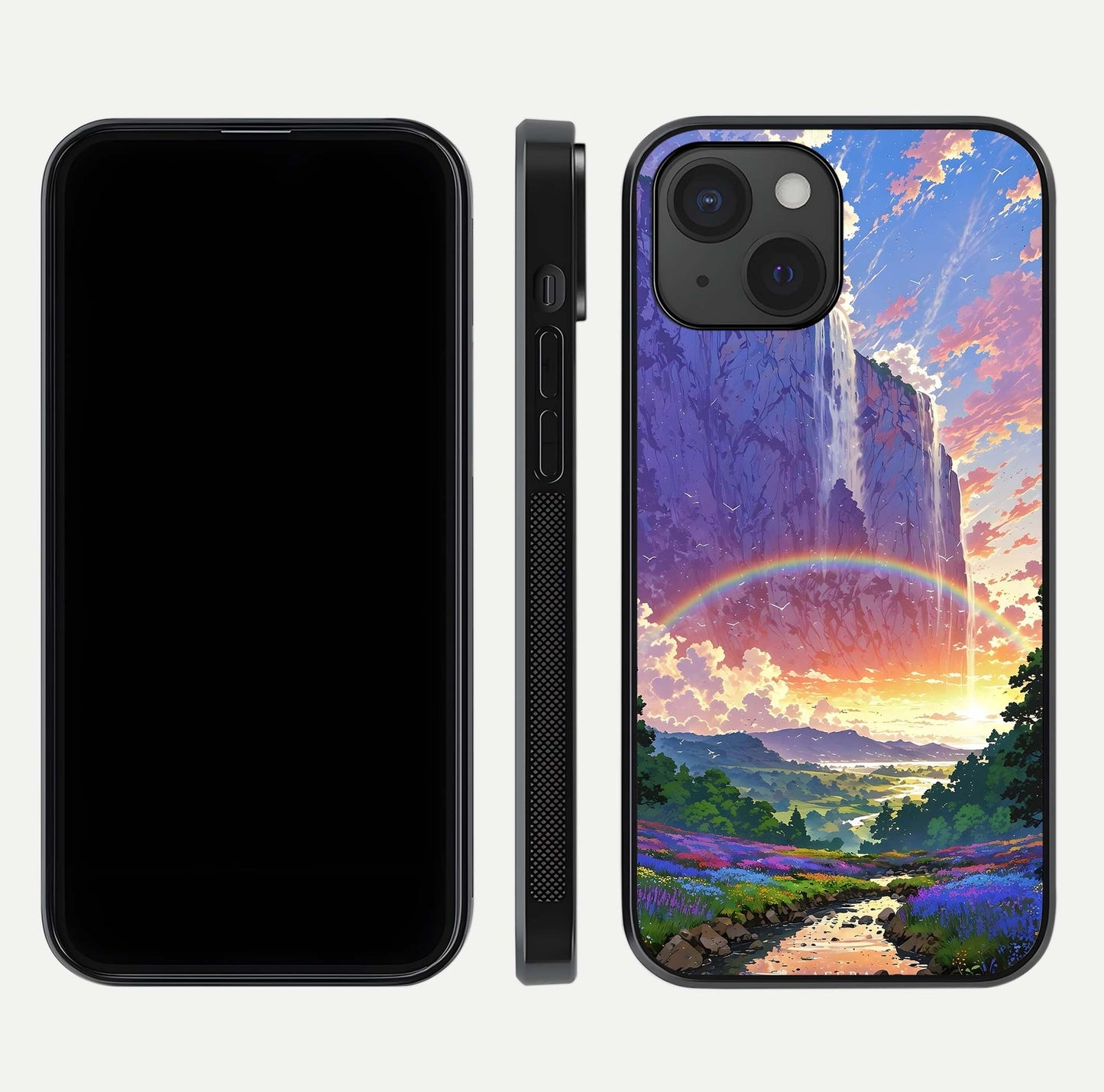 Rainbow Valley Dream Glass Case for iPhone 15 front & back layout showing smooth color blend and curved edge