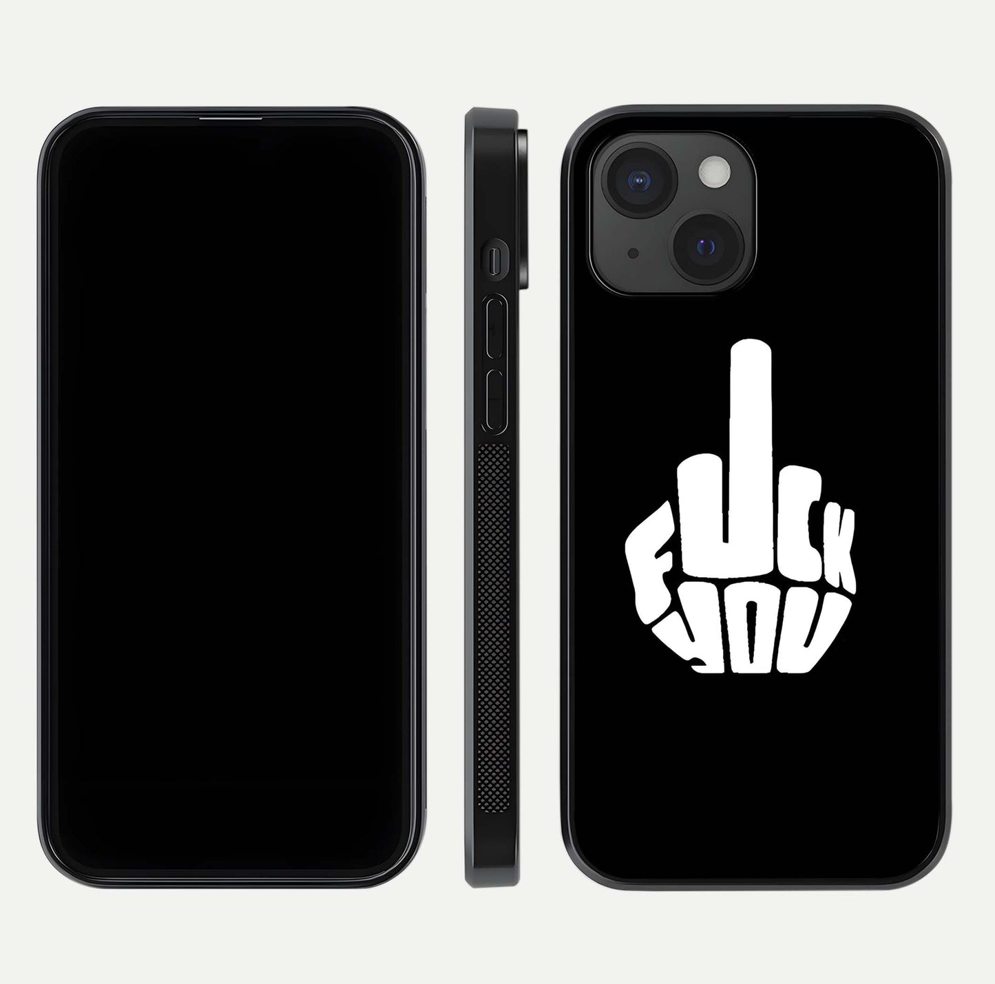 Rebel Mode On Glass Case for iPhone 15 front & back layout showing minimal tone and clean edge fit
