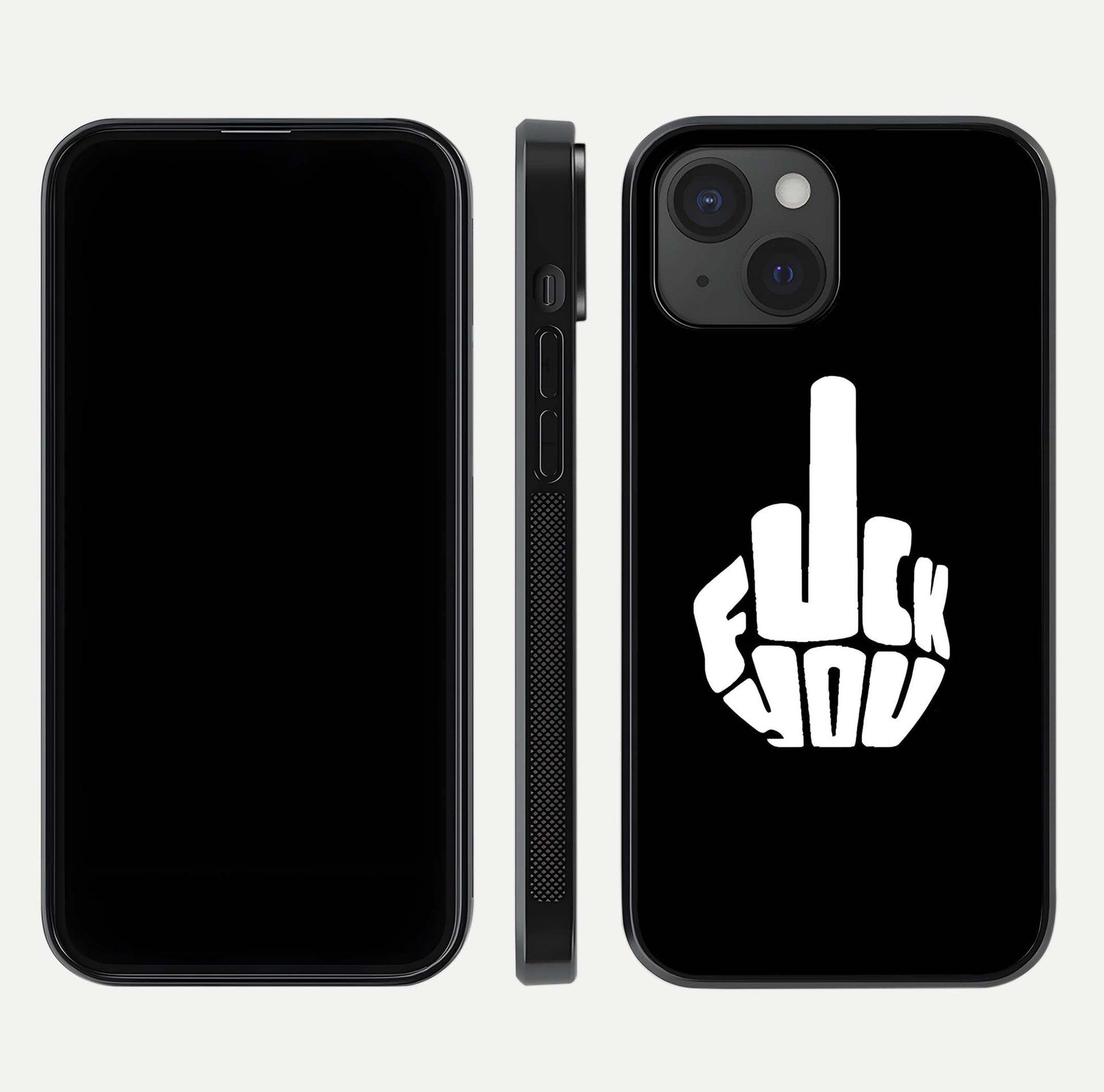 Rebel Mode On Glass Case for iPhone 15 front & back layout showing minimal tone and clean edge fit