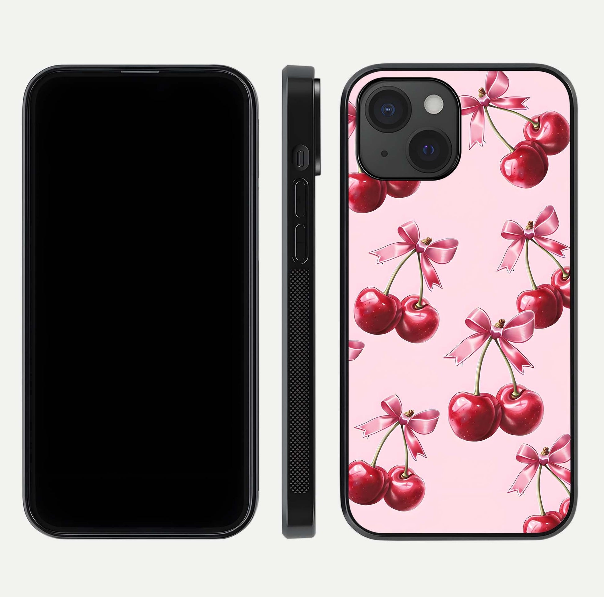 Red Cherries Pattern Glass Case for iPhone 15 front & back layout highlighting vibrant fruit print and edges