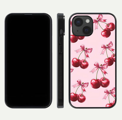 Red Cherries Pattern Glass Case for iPhone 15 front & back layout highlighting vibrant fruit print and edges