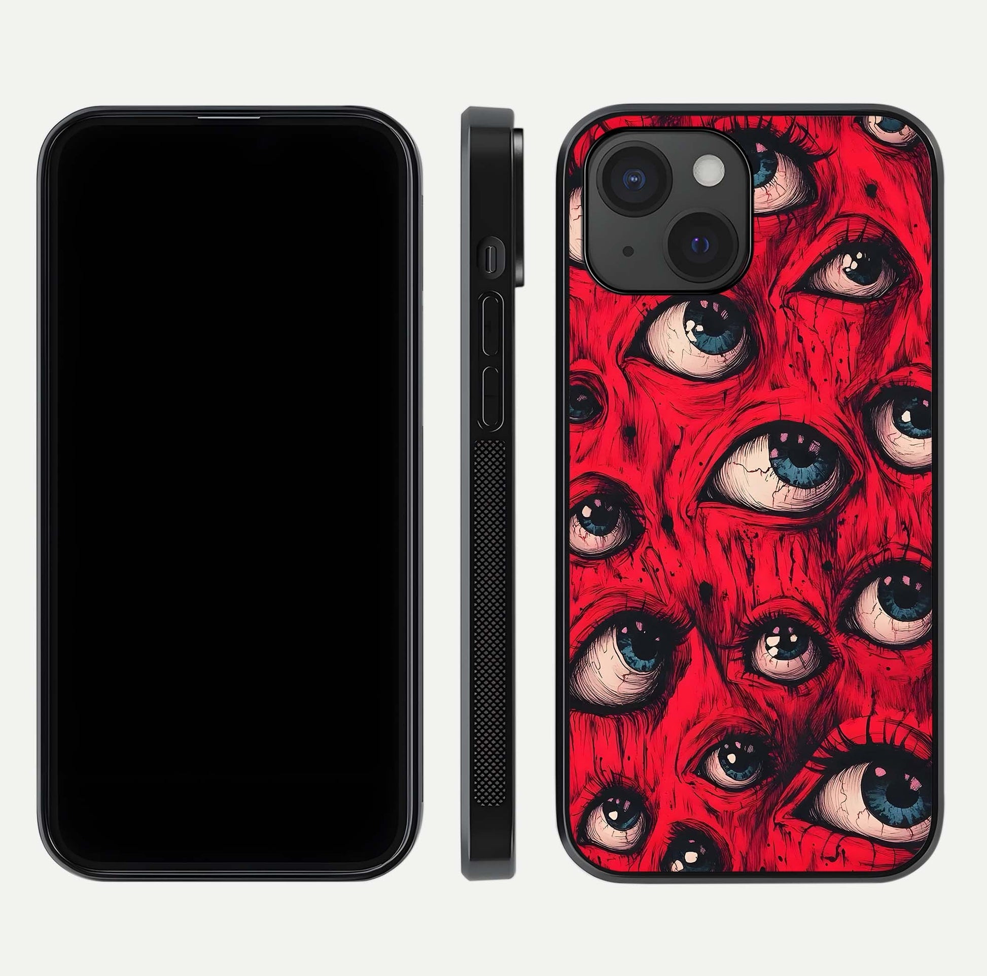 Red Eyes Pattern Glass Case for iPhone 15 front & back layout showing sharp edge finish and design depth