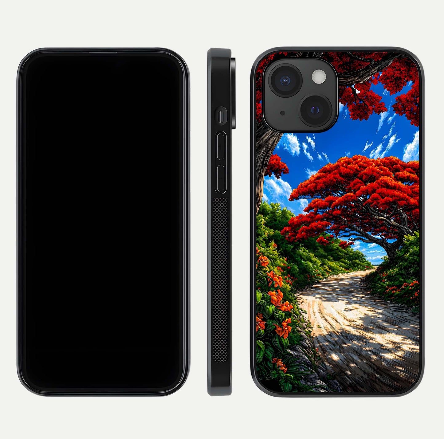 Red Trees Pathway Glass Case for iPhone 15 front & back layout showing scenic tone blend and edges