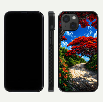 Red Trees Pathway Glass Case for iPhone 15 front & back layout showing scenic tone blend and edges