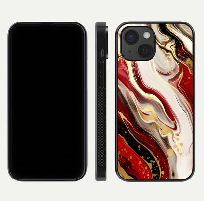 Red & White Marble Glass Case for iPhone 15 front & back layout showing rich contrast and clean glass edges