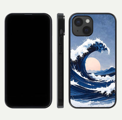 Rising Tide Power Glass Case for iPhone 15 front & back layout showing ocean design and smooth glass edge