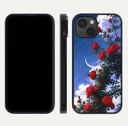 Rose Drift Flowers Glass Case for iPhone 15 front & back layout showing rose gradient tones and edges