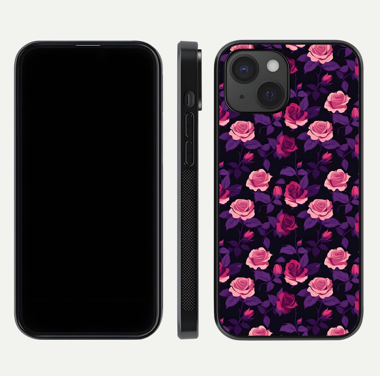 Rose Garden Twilight Glass Case for iPhone 15 front & back layout showing rich twilight tones and edges