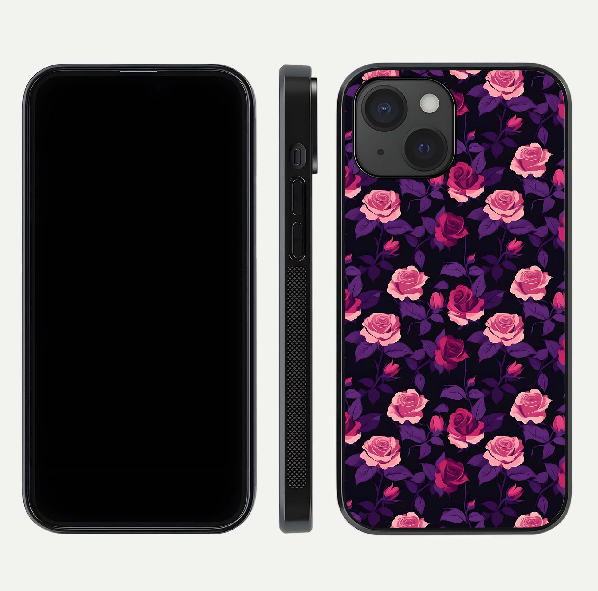 Rose Garden Twilight Glass Case for iPhone 15 front & back layout showing rich twilight tones and edges