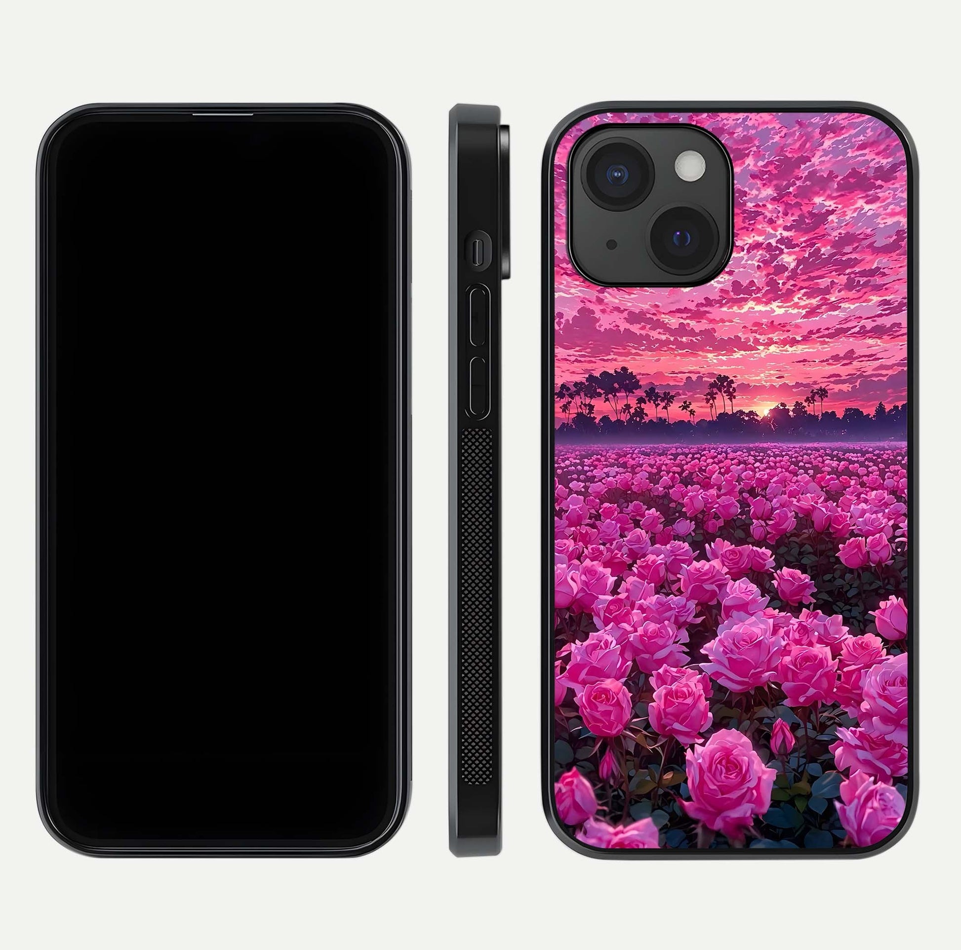 Rose Sunset Valley Glass Case for iPhone 15 front & back layout highlighting gradient tones and glass shine