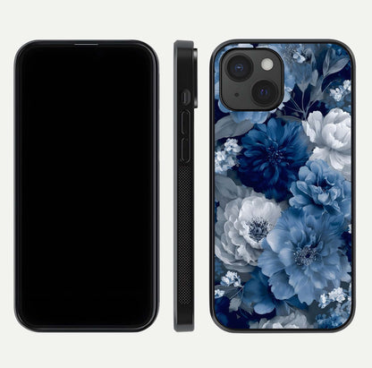Royal Bloom Garden Glass Case for iPhone 15 front & back layout showing soft tones and curved glass design