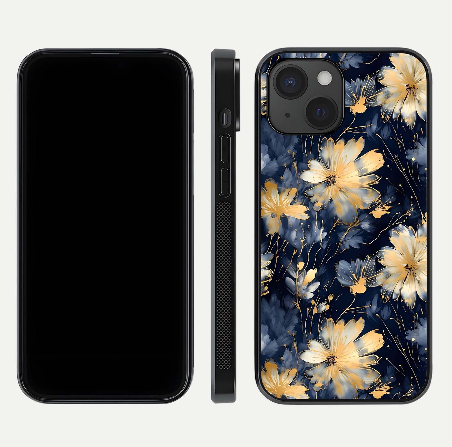 Royal Petal Dream Glass Case for iPhone 15 front & back layout showing floral pattern and clean edge finish