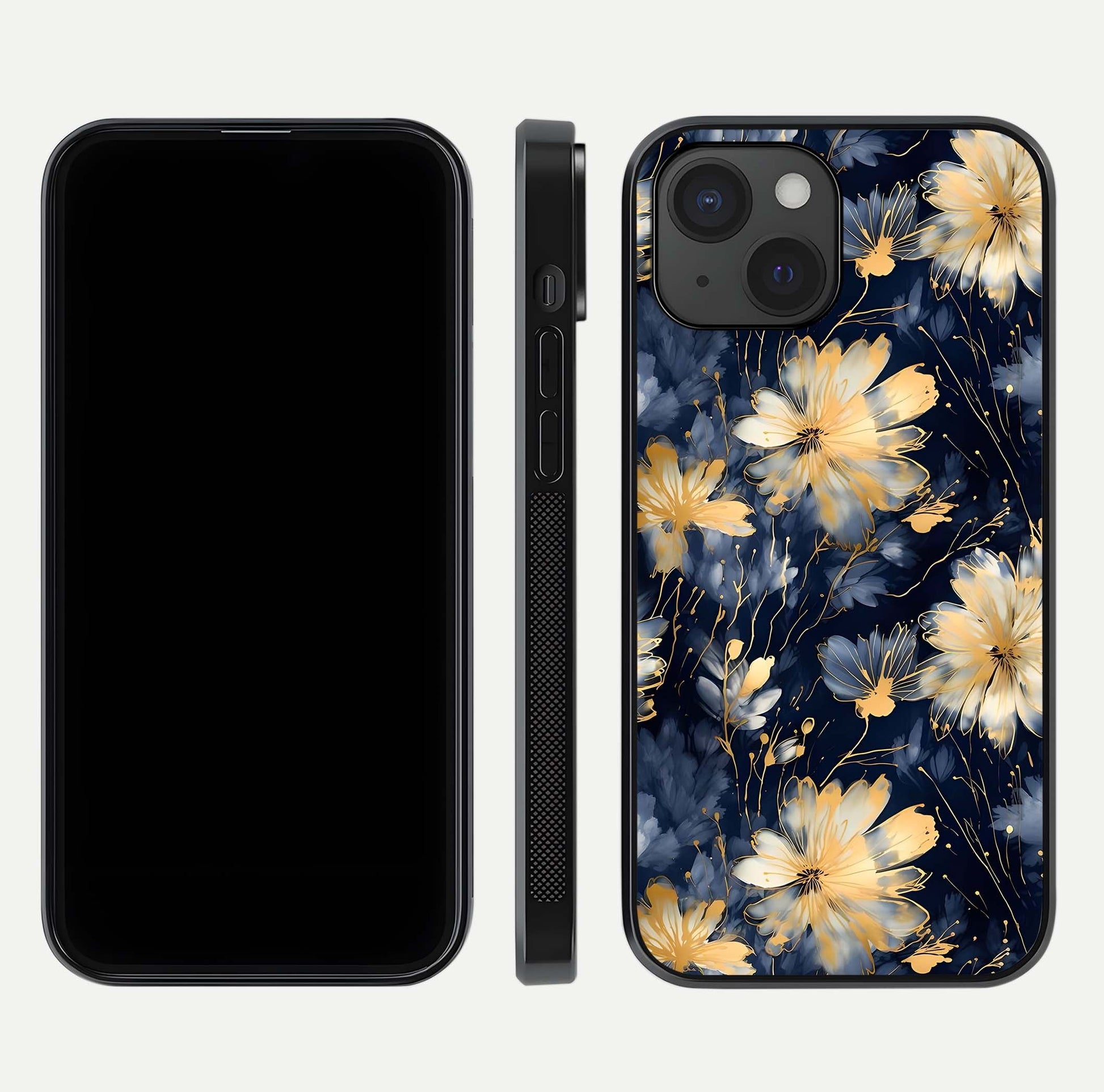 Royal Petal Dream Glass Case for iPhone 15 front & back layout showing floral pattern and clean edge finish