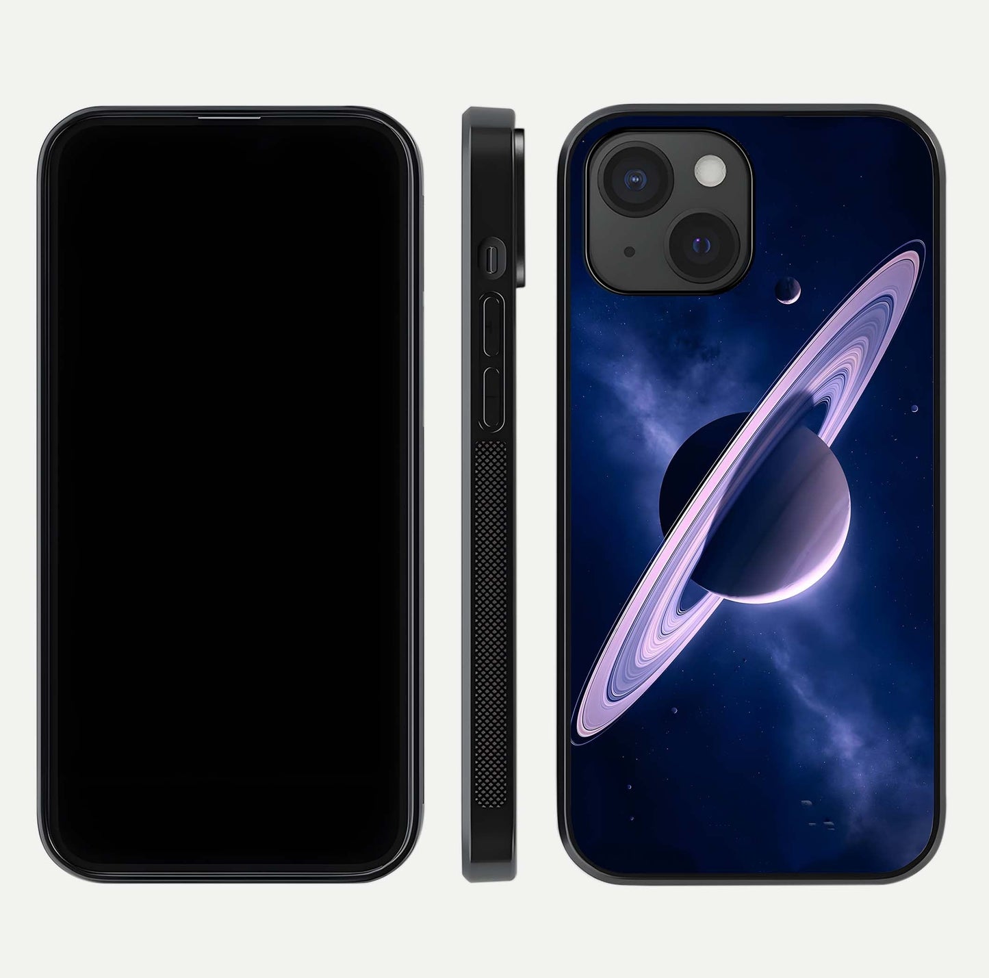 Saturn Ring Mystique Glass Case for iPhone 15 front & back layout showing cosmic tones and edge glow