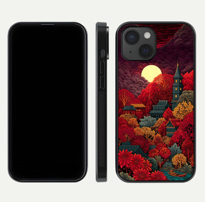 Scarlet Autumn Temple Glass Case for iPhone 15 front & back layout showing scenic tones and curved edges