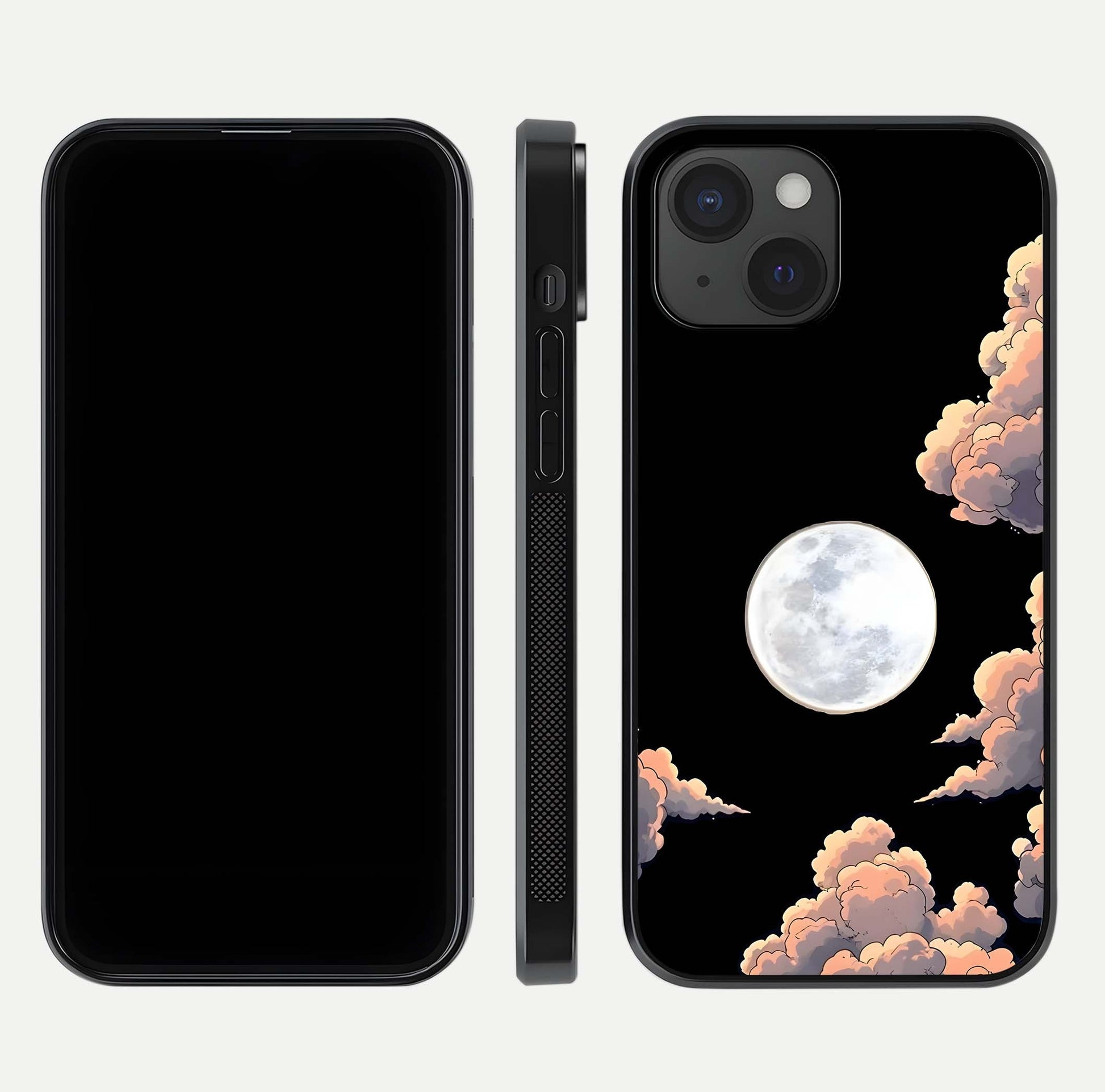 Shade Cloud Moon Glass Case for iPhone 15 front & back layout showing soft gradient tones and edges