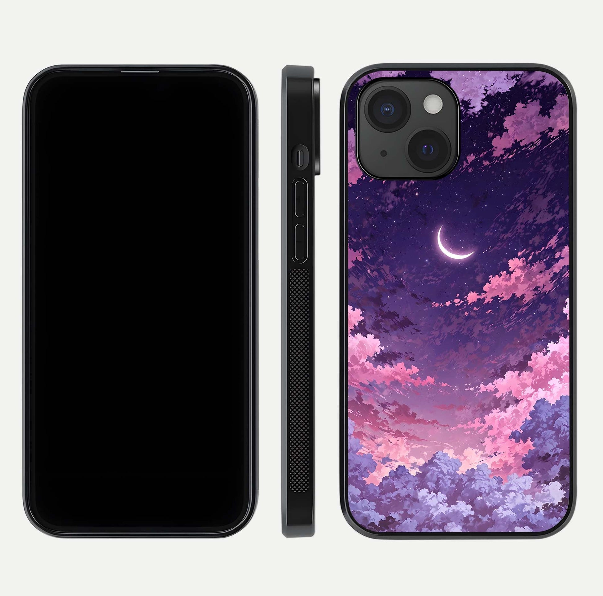Sky Drift Clouds Glass Case for iPhone 15 front & back layout showing sky tones and smooth edge design