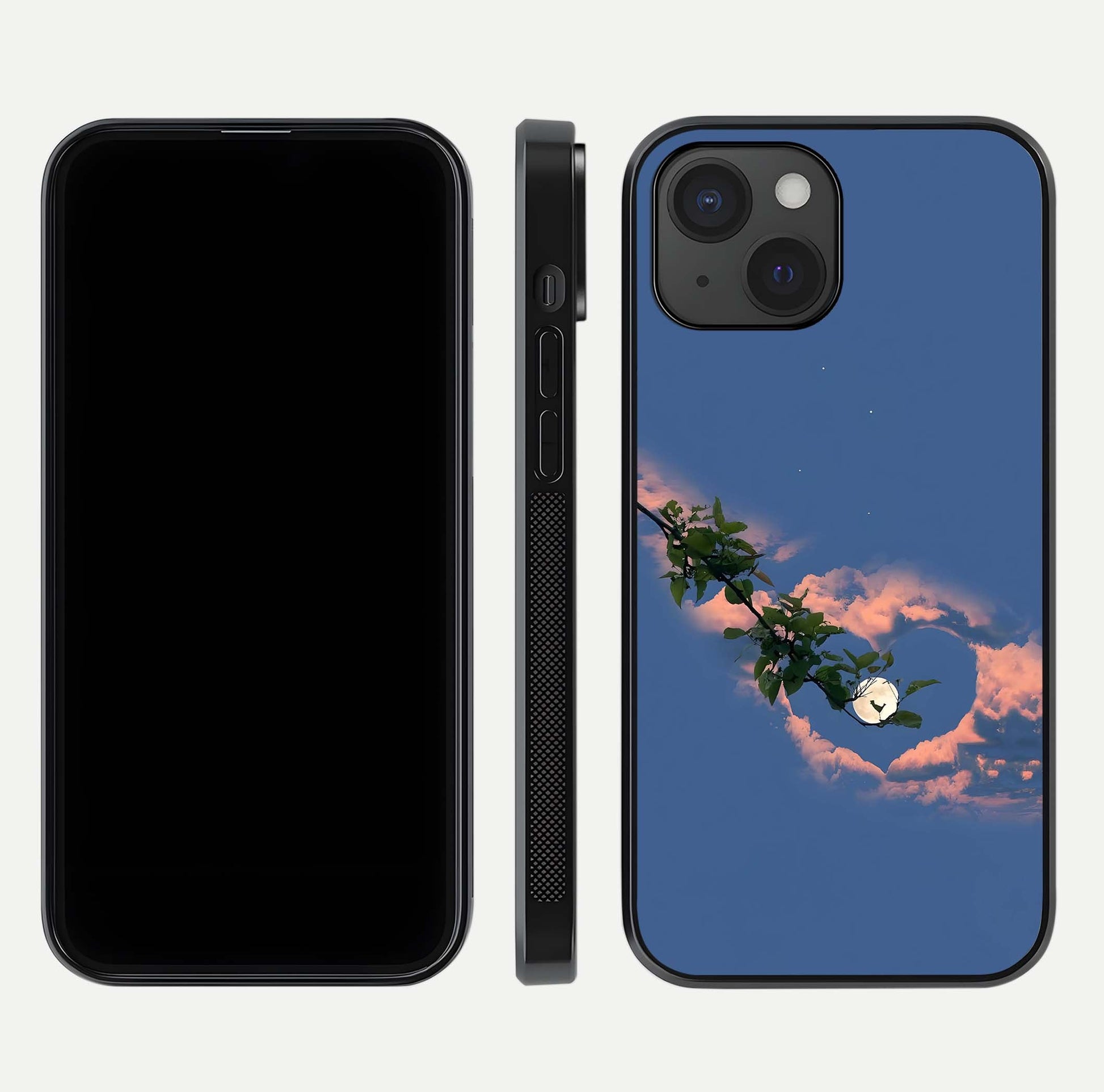 Sky Under Tree Glass Case for iPhone 15 front & back layout showing sky tones and curved glass edge