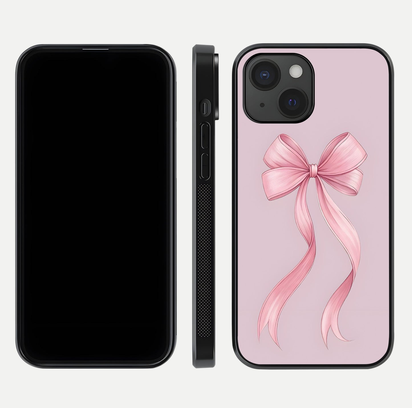 Soft Blush Bow iPhone 15  glass phone case front and side layout view displaying slim profile and gentle aesthetic